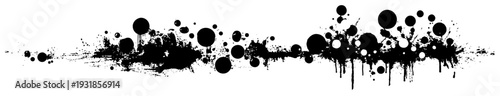 Abstract horizontal grunge composition with circles and ink splatters in black and white