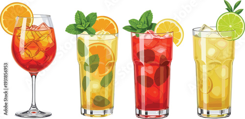 Colorful refreshing summer cocktails and mocktails with fruit garnishes, ice cubes, mint leaves, citrus slices in elegant glasses for beverage illustration