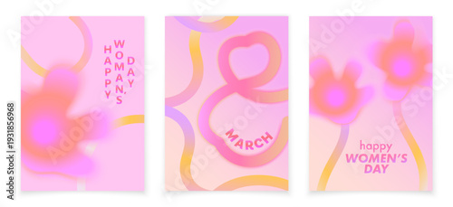 Set of three vertical posters in a modern feminine design. Delicate pink and orange tones with a blur effect. International Women's Day.