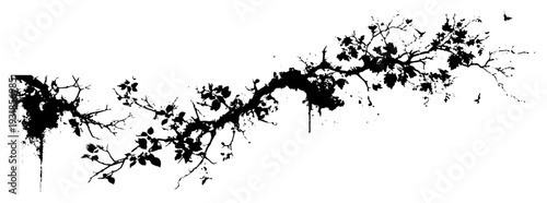 Decorative horizontal tree branch silhouette with leaves and grunge ink drips