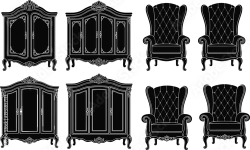 Elegant vintage furniture silhouettes with ornate wardrobes and classic armchairs, antique decorative carvings, tufted upholstery, black vector illustration for interior design projects