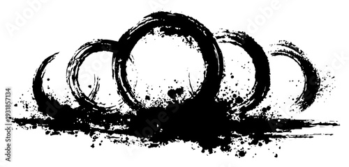Abstract circular zen brush strokes with artistic black ink splatters and grunge texture