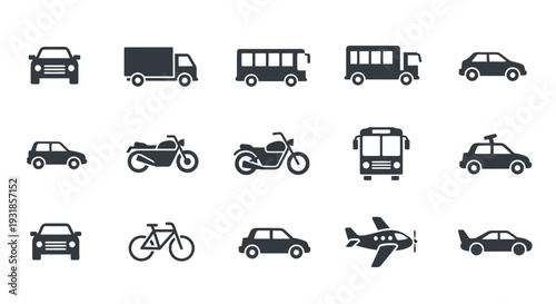 Collection of Various Vehicle Icons and Symbols.