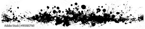 Wide horizontal banner of dense black ink splatters and artistic grunge textures