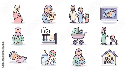 Gentle Family Moments with Mothers and Babies Icons. Vector Illustrations. EPS Editable