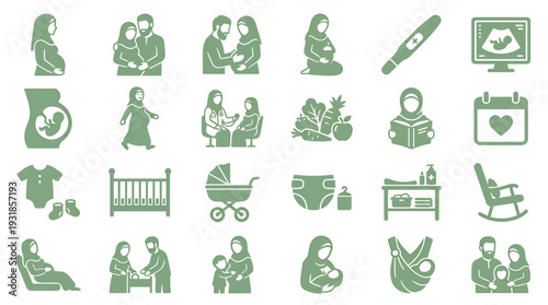 Green Icon Set Representing People Technology and Lifestyle. Vector Illustrations. EPS Editable