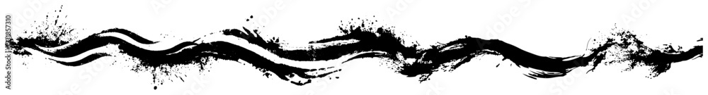 Obraz premium Long horizontal wavy black ink trail with brush strokes and grunge splatters