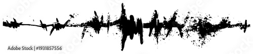 Horizontal barbed wire silhouette with grunge texture and black ink splatters