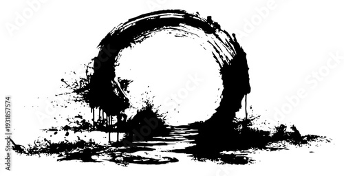 Zen enso circle in abstract grunge style with heavy ink splatters and drips