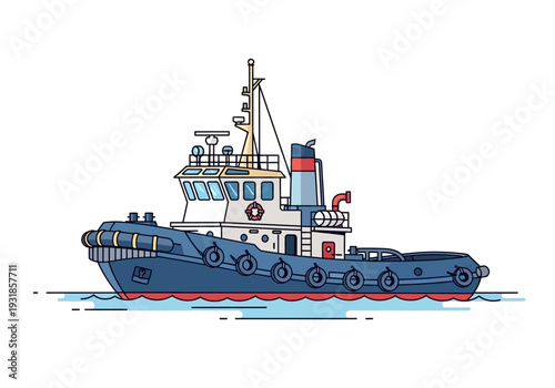 Blue Tugboat with White Cabin Illustration.
