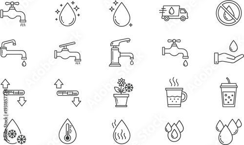 Professional Water Droplets And Faucet Line Icon Set Featuring Clean Drinking Water Liquid Flow Plumbing Fixtures And Hydration Symbols For Environmental Graphic Design