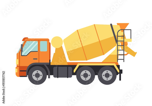 Orange Concrete Mixer Truck Side View.
