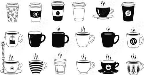 Stylized coffee and tea cup collection with diverse designs, hot beverages, steam, mugs, teacups, to-go cups, café illustration for branding projects