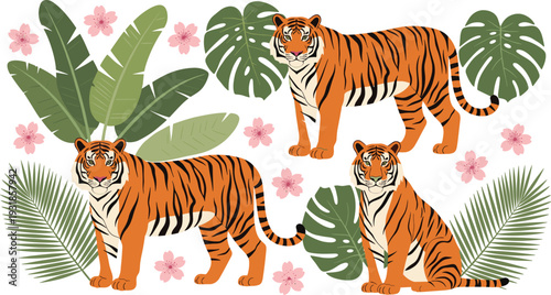Tropical jungle illustration with three majestic tigers among lush green monstera palm leaves and vibrant pink flowers in exotic wildlife nature scene