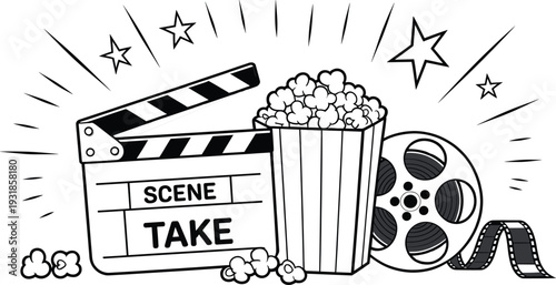 Cinema movie illustration with clapperboard popcorn film reel stars entertainment design concept artwork filmmaking media production theater collection