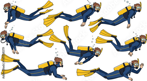 Professional Scuba Diver Character Collection Set Featuring Underwater Swimming Poses With Yellow Oxygen Tanks Fins And Snorkel Gear For Deep Sea Exploration