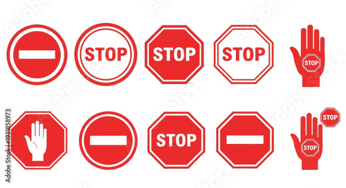stop and no entry sign icon set vector, red prohibition and warning symbols, traffic safety illustration
