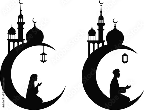 Ramadan Kareem crescent moon mosque silhouette with praying Muslim man and woman, Islamic lantern flat vector illustration