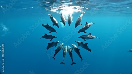 A mesmerizing underwater scene features a circular formation of dolphins in a sunlit ocean