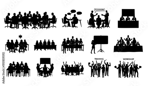 Conference audience and classroom students silhouette vector collection