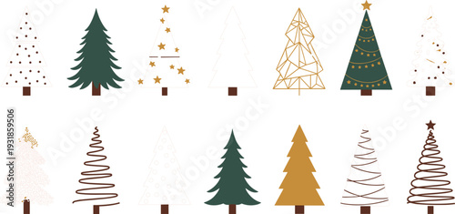 Christmas tree icon set with various minimalist and elegant designs