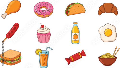 Fast food and snack icon collection with donut taco cupcake and fried chicken