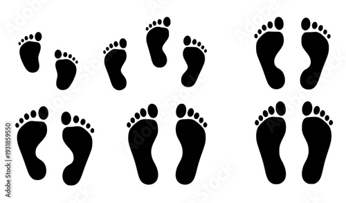Baby and adult human footprints black silhouette vector collection