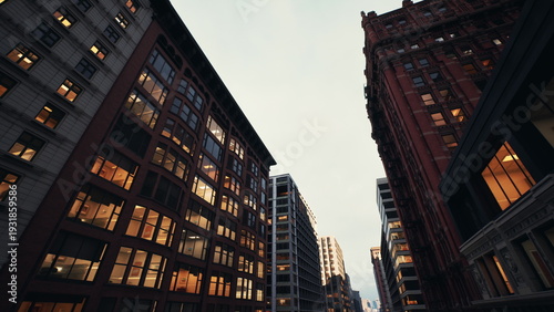 city canyon at dusk, glowing windows, narrow street framed by historic brick facades and modern glass towers, warm interior lights, cinematic lowangle