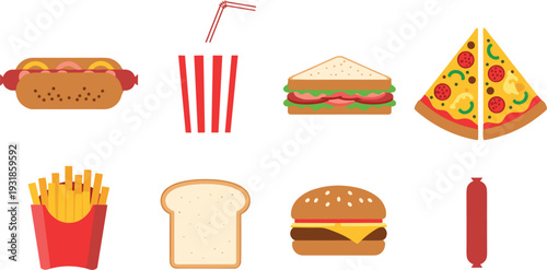 Fast food and snacks flat vector icon set with burger pizza and fries