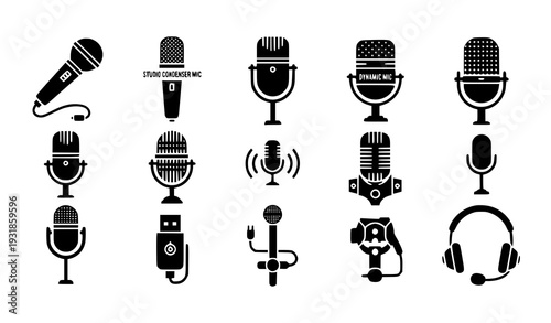 Microphone icon set – podcast and recording vector collection