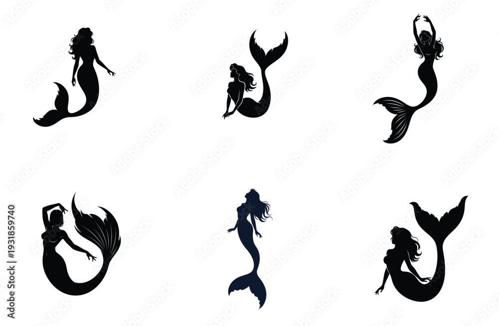 Obraz premium Mermaid Silhouettes in Various Poses Vector Illustration
