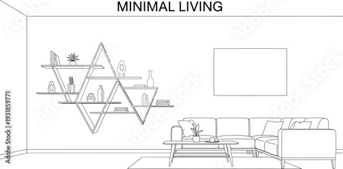 Minimal living room interior design featuring a unique geometric wall shelf structure
