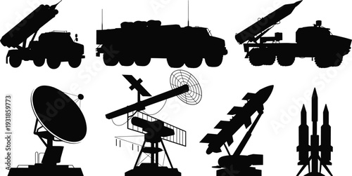 Military defense silhouettes, missile launchers on trucks, radar system, satellite dish, upright missiles platform, modern warfare equipment illustration, strategic security concept