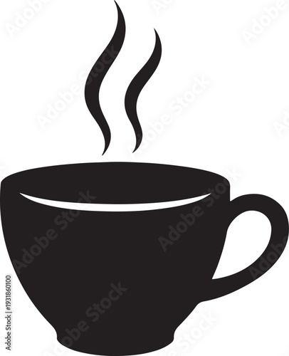 A black and white illustration of a steaming cup of coffee with a handle and saucer