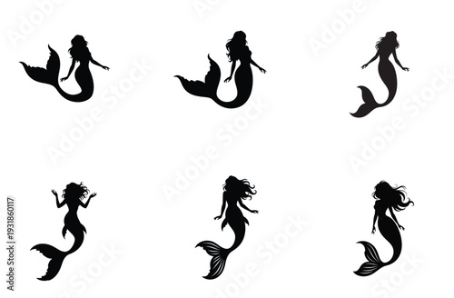 Mermaid Silhouette Collection Black Vector Illustration