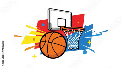 Basketball Hoop with Ball, Sports Action Graphic, Dynamic Background, Flat Design Vector Illustration