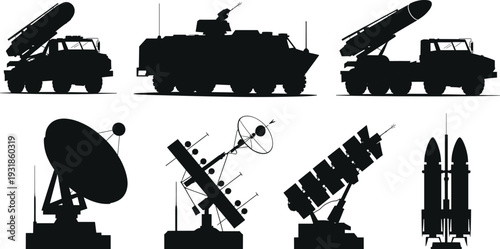 Military equipment silhouettes, missile launcher vehicles, radar systems, satellite dish, rockets, aerospace defense technology illustration, modern warfare concept, strategic security artwork