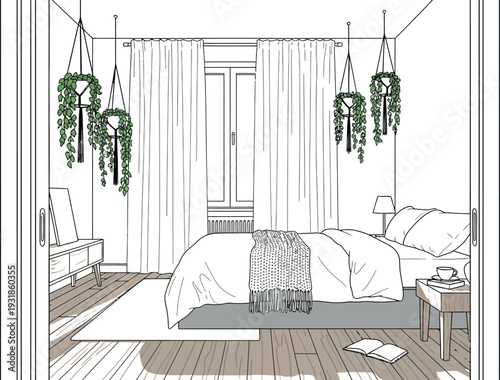 Cozy minimalist bedroom interior design sketch with hanging plants and natural light