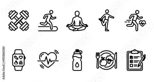 Minimalist Fitness & Wellness Line Icon Set - Healthy Lifestyle Symbols