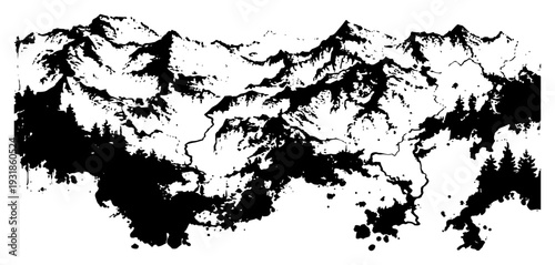 High mountain range panorama with pine forest in distressed black and white vector style