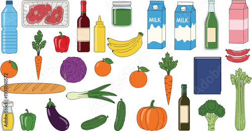 Large Collection Of Grocery Items And Fresh Produce Featuring Vegetables Fruits Milk Wine Meat And Bread For Healthy Eating And Supermarket Shopping Concepts
