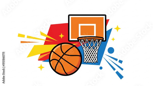 Basketball Hoop with Ball, Sports Action Graphic, Dynamic Background, Flat Design Vector Illustration