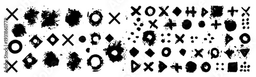 Collection of hand drawn grunge geometric symbols and abstract ink marks in minimalist style