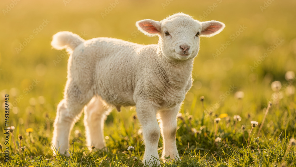 Fototapeta premium Adorable springtime lamb in meadow at sunrise