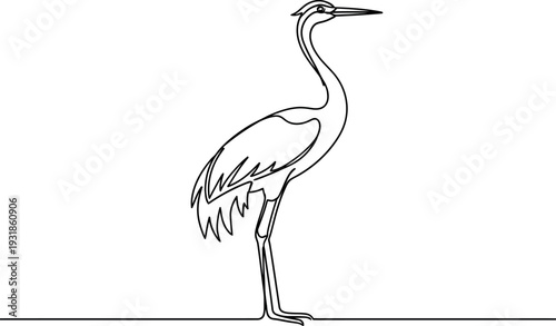 Elegant continuous line art drawing depicts a majestic wading bird standing still