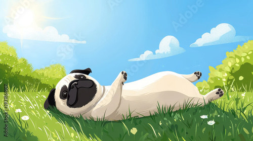 Dog pug illustration flat design rolling grass carefree scene, pet on sunny meadow under blue sky, relaxing belly up among daisy lawn