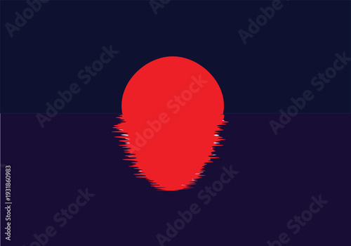 Minimalist red sun rising or setting over dark sea waves vector