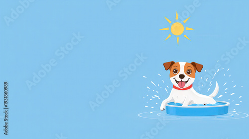 Flat design dog splash pool sunny day cartoon illustration playful, pet cooling off in small wading pool under bright sun, blue background