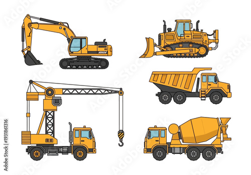 Construction Vehicles Excavator Crane Bulldozer Mixer.
