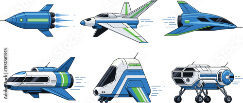 Futuristic Spacecraft And Jet Collection Set Featuring Advanced Aerospace Technology Rockets And Sci-Fi Vehicles For Galactic Exploration And Modern Aviation Graphic Design